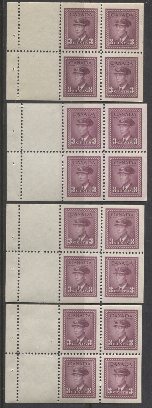Lot 91 Canada #252a 3c Pale Brownish Claret (Rose Violet) King George VI, 1942-1943 War Issue, 4 VFNH Booklet Panes Of 4 With Different Gums, Papers & Shades