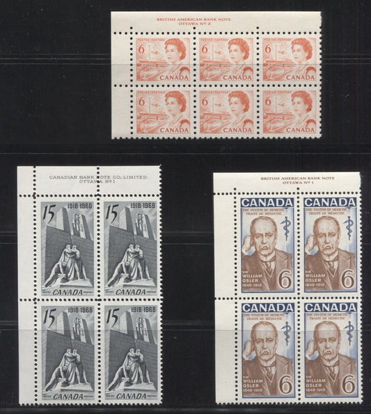 Lot 91 Canada #459, 486, 495 6c & 15c Orange - Dark Blue & Light Red Brown Queen Elizabeth II - Sir William Osler, 1967-1972 Commemoratives & Definitives, 3 VFNH UL Plates 1-2 Blocks Of 4 & 6 On Dull Fluorescent Papers