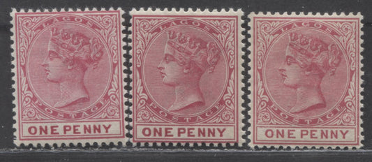 Lot 92 Lagos SC#15 1d Rose 1884-1887 Queen Victoria Keyplate Issue, Plate 1 & 2 Printings, Crown CA Watermark, 3 VFNH Examples, Click on Listing to See ALL Pictures, Estimated Value $27 USD