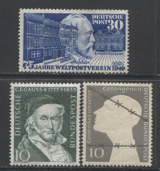 Lot 92 Germany SC#669, 697, 725 1949-1955 UPU, POW's & Gauss Issues, 3 Fine OG and VFOG Examples Of The 30pf Ultramarine, 10pf Gray & Black & 10pf Deep Green. Perf 14. Unwatermarked & Watermarked. 2017 Scott Cat $27.30 USD