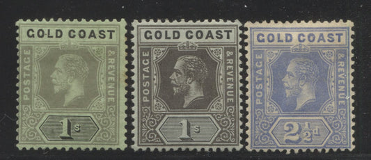 Lot 92 Gold Coast SC#72/75b 1913-1921 King George V Multiple Crown CA Imperium Keyplates, A VG-VFOG Range Of Singles, 2017 Scott Cat. $37 USD, Click on Listing to See ALL Pictures