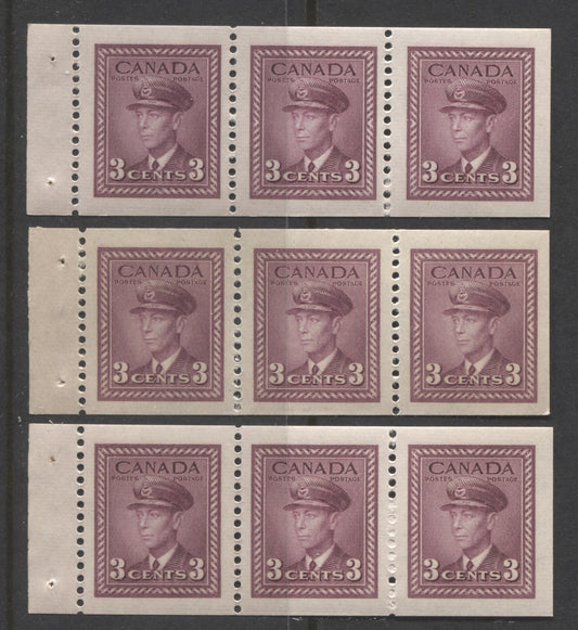 Lot 92 Canada #252b 3c Pale Brownish Claret (Rose Violet) King George VI, 1942-1943 War Issue, 3 VFNH Booklet Panes Of 3 With Different Papers & Gums