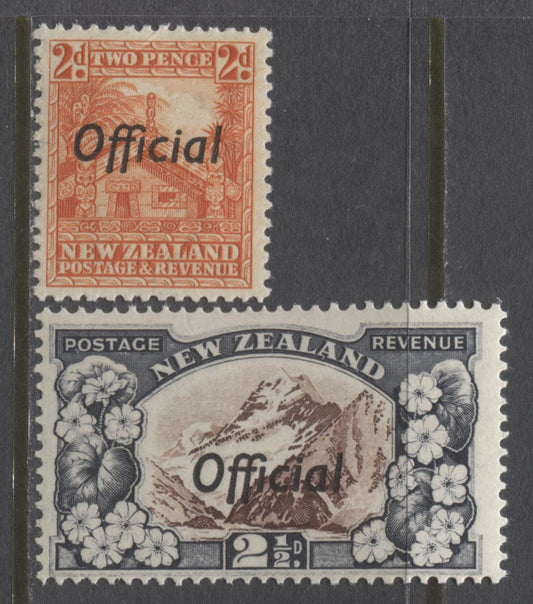 Lot 92 New Zealand SG#O123-O124 1936-1961 Pictorial Issue With Official Overprint, A Partial VFNH Set. Mult NZ + Star Wmk, Perf 14 x 13.5 & 13.5, SG. Cat. 82 GBP = $141.04