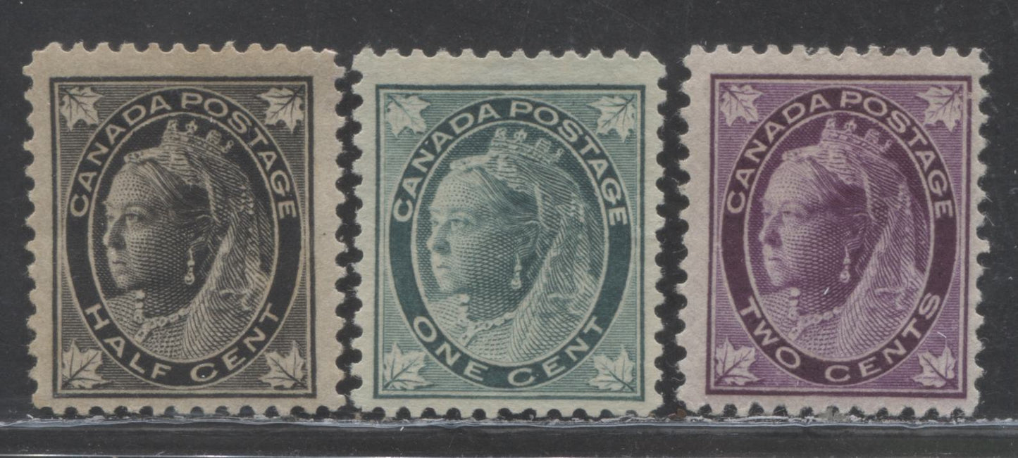 Lot 92 Canada #66-68 1/2c - 2c Black - Purple Queen Victoria, 1897-1898 Maple Leaf Issue, 3 FOG & Unused Singles On Horizontal & Vertical Wove Papers