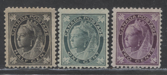 Lot 92 Canada #66-68 1/2c - 2c Black - Purple Queen Victoria, 1897-1898 Maple Leaf Issue, 3 FOG & Unused Singles On Horizontal & Vertical Wove Papers