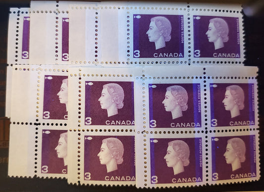 Lot 92 Canada #403p,v 3c Purple Fishing Industry, 1962-1963 Cameo Issue, 7 VFNH UL Winnipeg Tagged Field Stock Blocks Of 4 With Wide & Narrow Bars And Various Shades & Gums
