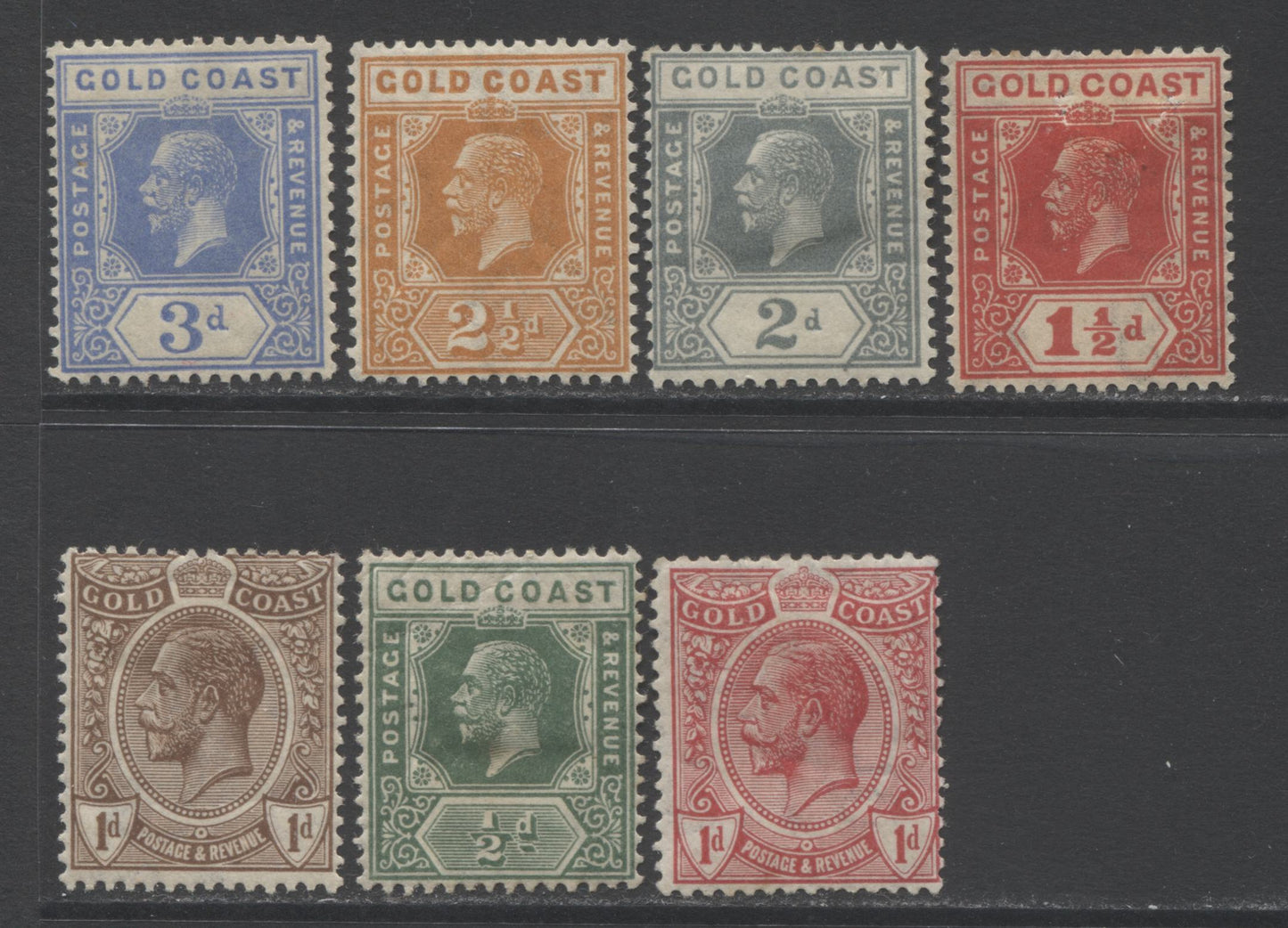 Lot 93 Gold Coast SC#70/88 1913-1925 King George V Multiple Script CA Imperium Keyplates, A FOG Range Of Singles, 2017 Scott Cat. $13.2 USD, Click on Listing to See ALL Pictures