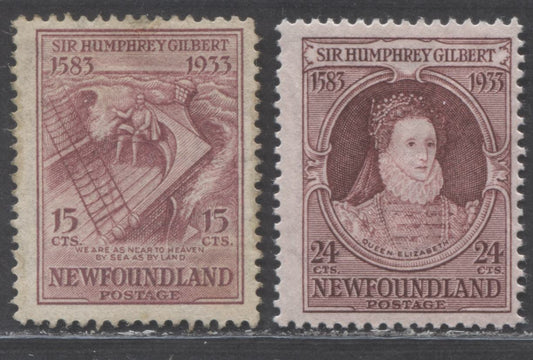 Lot 93 Newfoundland #222, 224 15c & 24c Claret & Violet Brown Gilbert On The Squirrel & Queen Elizabeth I, 1933 Sir Humphrey Gilbert Issue, 2 FOG Singles
