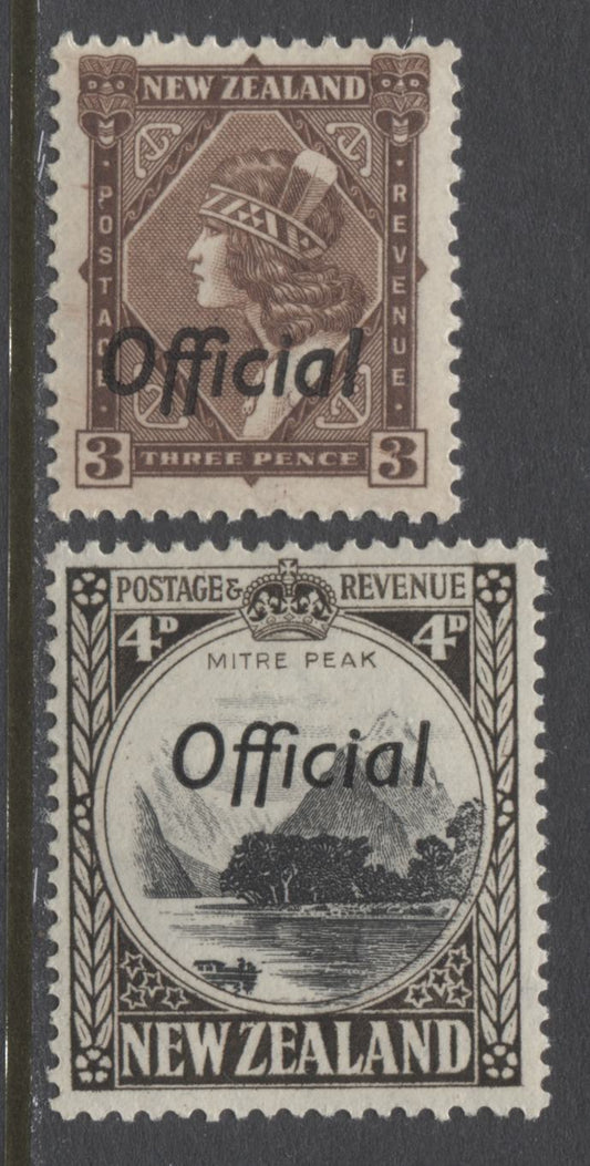 Lot 93 New Zealand SG#O125-O126c 1936-1961 Pictorial Issue With Official Overprint, A Partial VFNH Set. Mult NZ + Star Wmk, Perf 14 x 13.5 & 14 x 14.5, SG. Cat. 57 GBP = $98.04