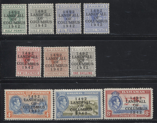 Lot 93 Bahamas SG#161/171 1942 Landfall Overprints on 1938-1952 Pictorial and Keyplate Definitive Issue, a Fine NH and VFNH Short Set to 1/-,  Cat 18.60 GBP = $31.62