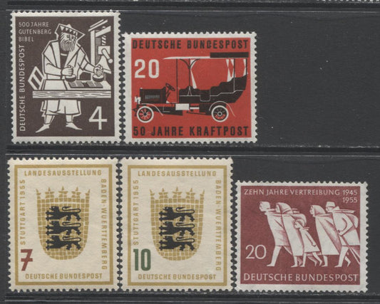Lot 93 Germany SC#723, 728, 729-730, 733 1955 Commemorative Issues, 4 Fine/Very Fine NH Examples. Perf 13.5, 13.5 x 13 & 14 x 13.5. Unwatermarked & Watermarked. 2017 Scott Cat $23.75 USD