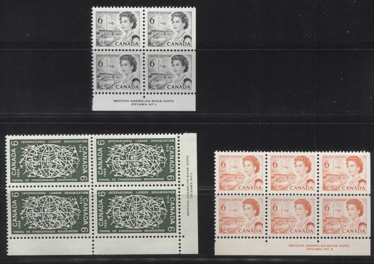 Lot 93 Canada #459-460, 493 6c Orange - Dark Olive Green Queen Elizabeth II - Globe & Tools, 1967-1972 Commemoratives & Definitives, 3 VFNH LL & LR Plate 1 & 3 Blocks Of 4 & 6 On Dull Fluorescent Papers