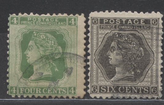 Lot 93 PEI #14, 15c 4c & 6c Green & Black Queen Victoria, 1872 Cents Issue, 2 Very Good & Fine Used Singles, Perfs 12.5 x 12.4 & 12.5 x 12.3