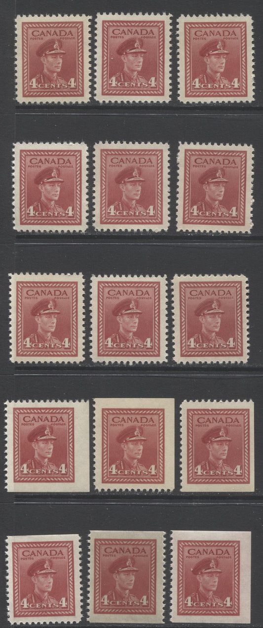 Lot 93 Canada #254-bs 4c Dark Carmine King George VI, 1942-1943 War Issue, 15 VFNH Sheet & Booklet Singles With Different Papers, Shades & Gums