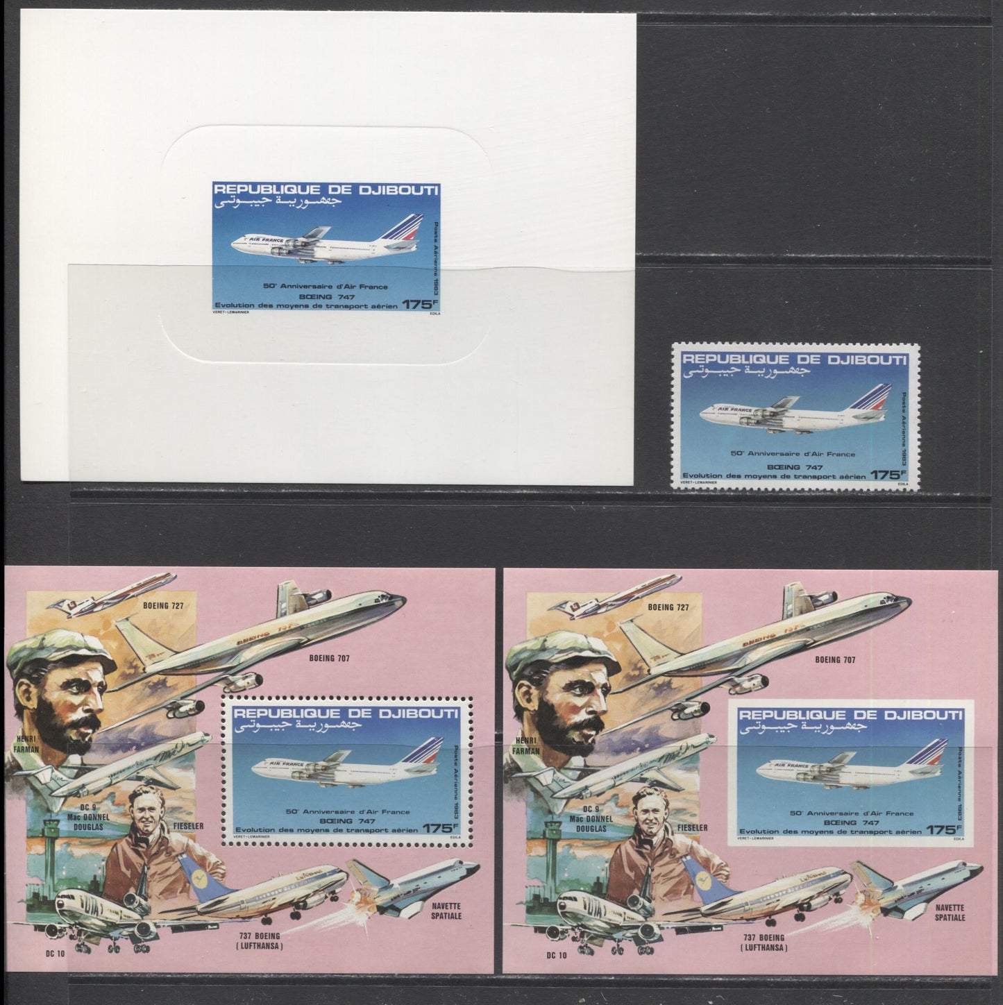 Lot 93 Dijbouti SC#C177-C179 1983 50th Anniversary Of Air France, A VFNH Range Of Singles, Souvenir Sheet & Deluxe Die Proofs + Imperfs, 2017 Scott Cat. $29.75 USD, Click on Listing to See ALL Pictures