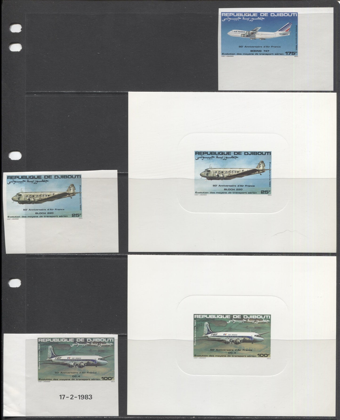 Lot 93 Dijbouti SC#C177-C179 1983 50th Anniversary Of Air France, A VFNH Range Of Singles, Souvenir Sheet & Deluxe Die Proofs + Imperfs, 2017 Scott Cat. $29.75 USD, Click on Listing to See ALL Pictures