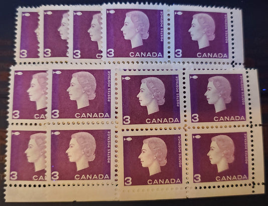 Lot 93 Canada #403p,v 3c Purple Fishing Industry, 1962-1963 Cameo Issue, 7 VFNH LR Winnipeg Tagged Field Stock Blocks Of 4 With Wide & Narrow Bars And Various Pane Positions, Shades & Gums