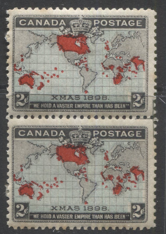 Lot 94 Canada #86 2c Black, Blue & Carmine Mercator's Projection, 1898 Imperial Penny Postage Issue, A Fine OG Vertical Pair With Extra Islands & Perforation Cross Guide