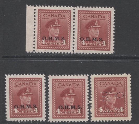 Lot 94 Canada #254,O4 4c Dark Carmine King George VI, 1942-1943 War Issue OHMS Overprint, 4 VFNH Sheet Singles And A Pair Different Papers & Gums, Narrow Spacing Pair