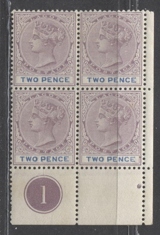 Lot 94 Lagos SC#18 2d Lilac & Blue 1887-1903 Bicolored Issue, , A VFNH Lower Right Plate Block of 4, Click on Listing to See ALL Pictures, Estimated Value $75 USD