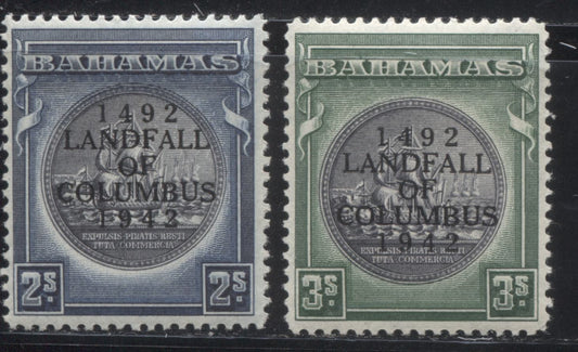 Lot 94 Bahamas SG#172-173 1942 Landfall Overprints on 1938-1952 Pictorial and Keyplate Definitive Issue, VFNH Examples of the 2/- and 3/-,  Cat 30.50 GBP = $51.85