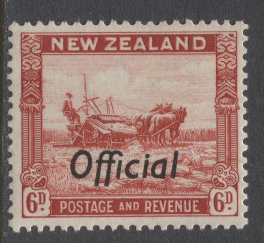 Lot 94 New Zealand SG#O127 1936-1961 Pictorial Issue With Official Overprint, A VFNH Example of the 6d. Mult NZ + Star Wmk, Perf 13.5 x 14, SG. Cat. 50 GBP = $86