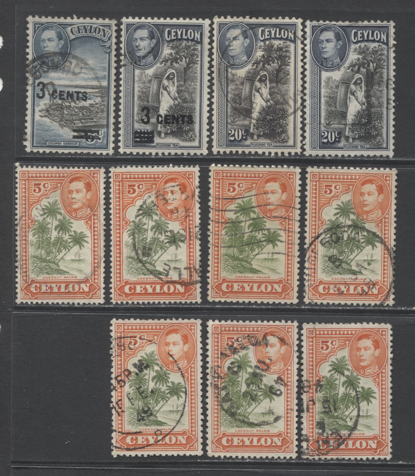 Lot 94 Ceylon SC#279/292a 1938-1952 King George VI Definitives, A VF Used Range Of Singles to the 15c, With Sideways and Upright Watermarks and Most Listed Perfs, 2017 Scott Cat. $40.05 USD, Click on Listing to See ALL Pictures