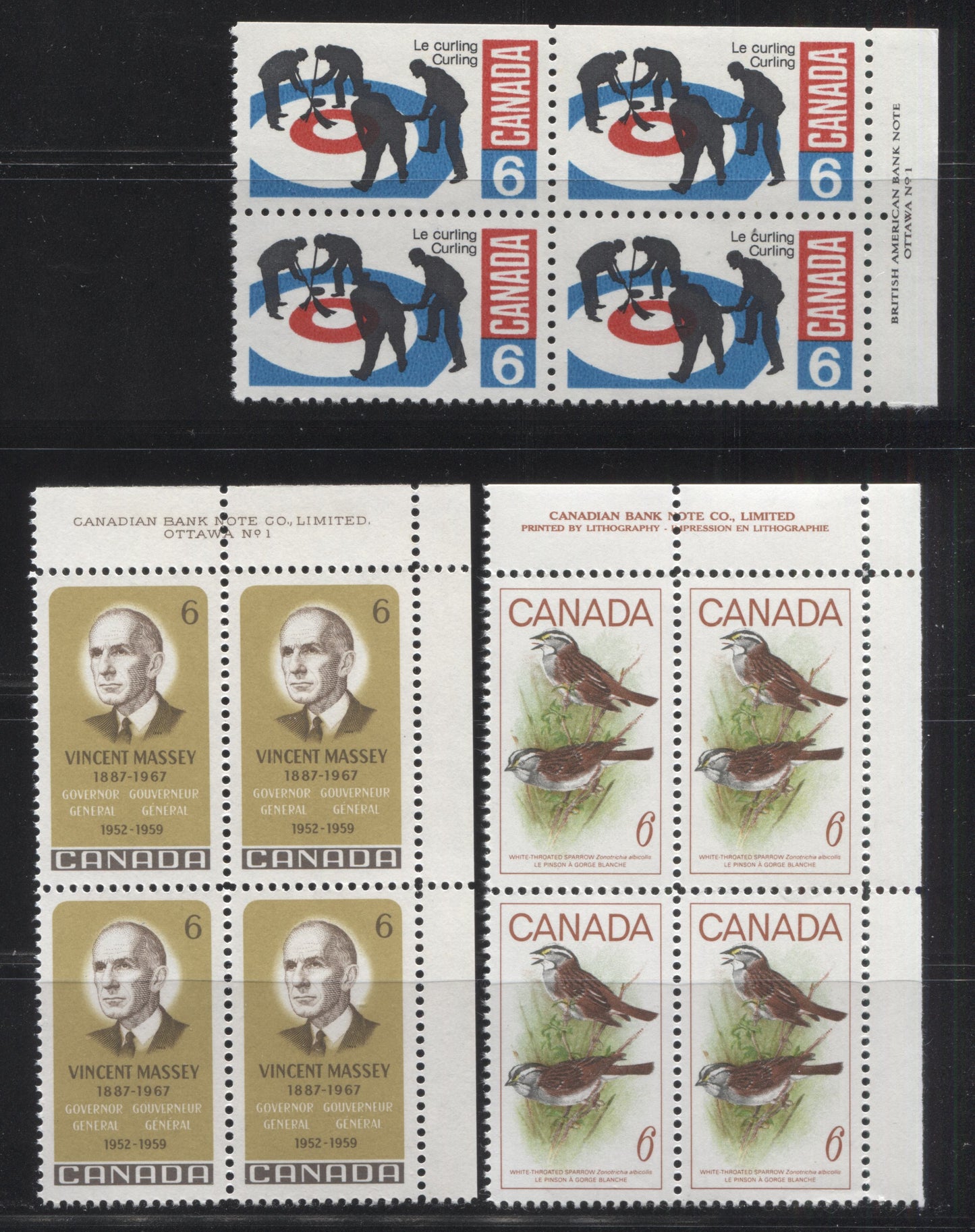 Lot 94 Canada #459-460, 490-491, 495-496 6c Orange - Multicolored Queen Elizabeth II - White Throated Sparrow, 1967-1972 Commemoratives & Definitives, 7 VFNH UR Plate 1-3 Blocks Of 4 & 6 On Dull Fluorescent and HB Papers