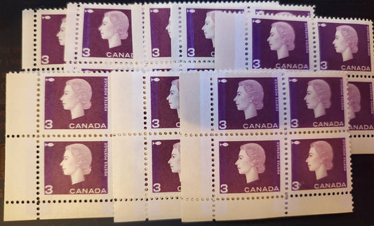Lot 94 Canada #403p,v 3c Purple Fishing Industry, 1962-1963 Cameo Issue, 8 VFNH LL Winnipeg Tagged Field Stock Blocks Of 4 With Wide, Narrow & Normal Bars, Various Pane Positions, Shades & Gums