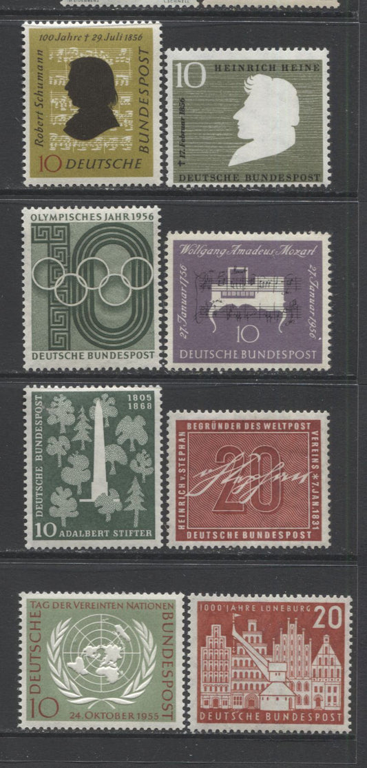 Lot 95 Germany SC#735/747 1955-1956 Commemorative Issues, 8 Fine/Very Fine NH Examples On Dull & Fluorescent Papers. Multiple Perfs. Watermarked & Unwatermarked. 2017 Scott Cat $25.50 USD