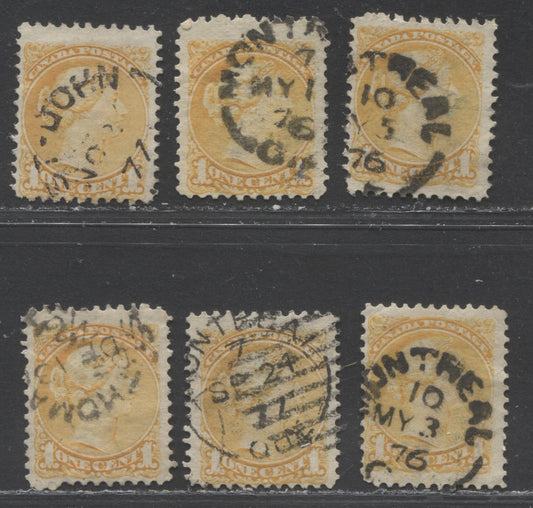 Lot 95 Canada #35vii 1c Yellow Queen Victoria, 1870-1897 Small Queen Issue, Six Fine Used Examples Montreal, 11.75 x 12, Stout Horizontal Wove, With 1876-1877 Split Ring Cancels