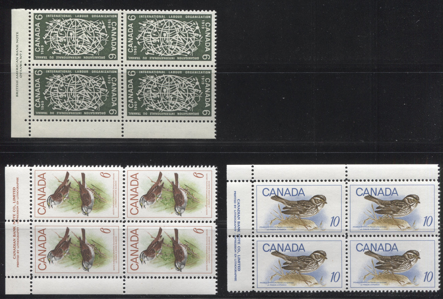 Lot 95 Canada #493, 496-497 6c & 10c Dark Olive Green - Ultramarine & Multicolored Globe & Tools - Ipswich Sparrow, 1969 Commemoratives, 3 VFNH UL Plate 1 Blocks Of 4 On Dull Fluorescent and HB Papers