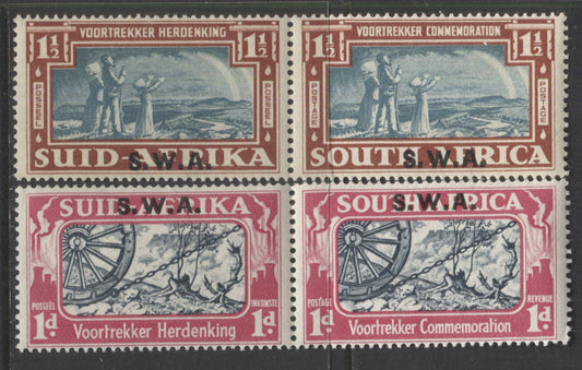 Lot 95 South West Africa SG#109-110, 1938 Voortrekker Commemoration Overprinted Issue, 2 VFNH Pairs, Perf 15 x 14, Mult Springbok's Head Watermark, SG. Cat. 38 GBP = $65.36