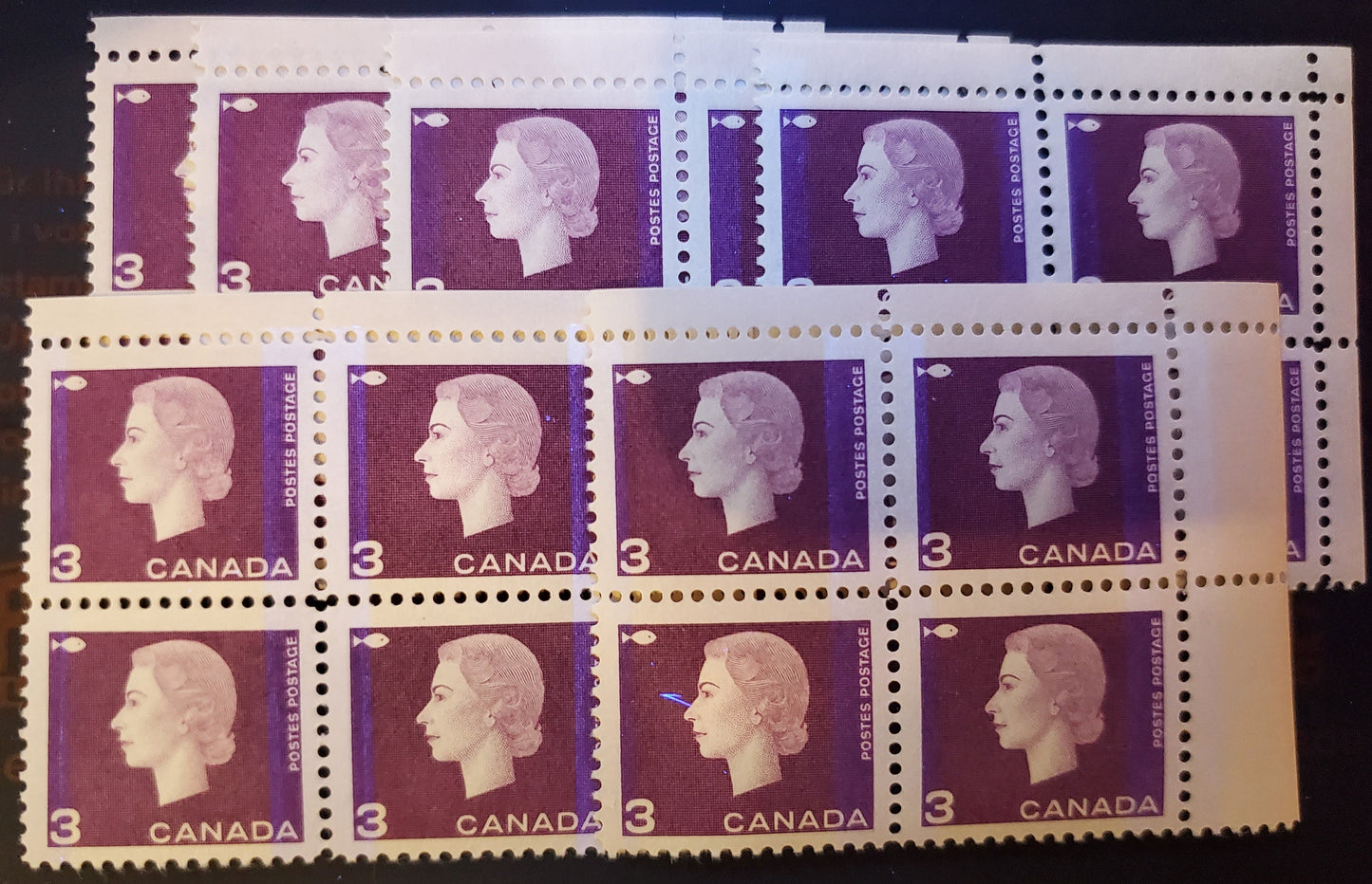 Lot 95 Canada #403p,v 3c Purple Fishing Industry, 1962-1963 Cameo Issue, 6 VFNH UR Winnipeg Tagged Field Stock Blocks Of 4 With Wide & Narrow Bars, Various Pane Positions, Shades & Gums