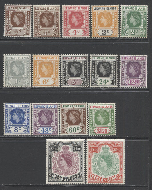 Lot 96 Leeward Islands SC#133-147 1954 Queen Elizabeth II Keyplate Definitives, A F/VFOG Range Of Singles, 2017 Scott Cat. $67.75 USD, Click on Listing to See ALL Pictures