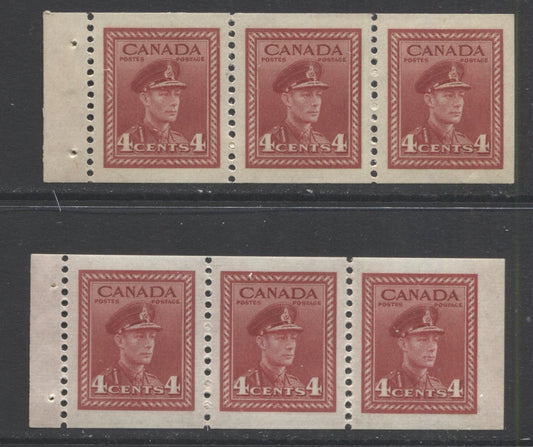 Lot 96 Canada #254b 4c Dark Carmine King George VI, 1942-1943 War Issue, 2 VFNH Booklet Panes Of 3, 2 Different Papers & Gums