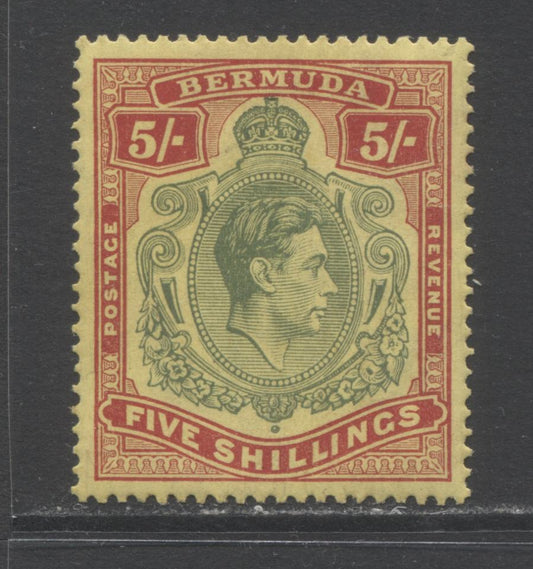 Lot 96 Bermuda SC#125avar 5/- Green & Red on Yellow, Perf. 14, Chalky Paper 1938-1953 King George VI Keyplate Definitives, A VFOG Example, Click on Listing to See ALL Pictures