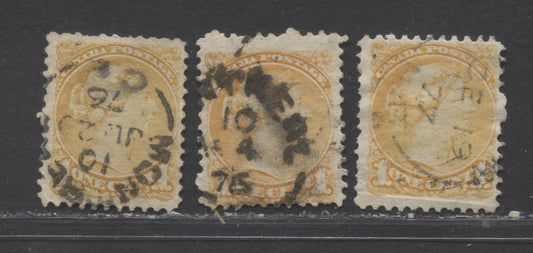 Lot 96 Canada #35vii 1c Yellow and Orange Yellow Queen Victoria, 1870-1897 Small Queen Issue, Three VG Used Examples Montreal, 11.75 x 12, Stout Horizontal Wove, With 1876-1877 Split Ring Cancels