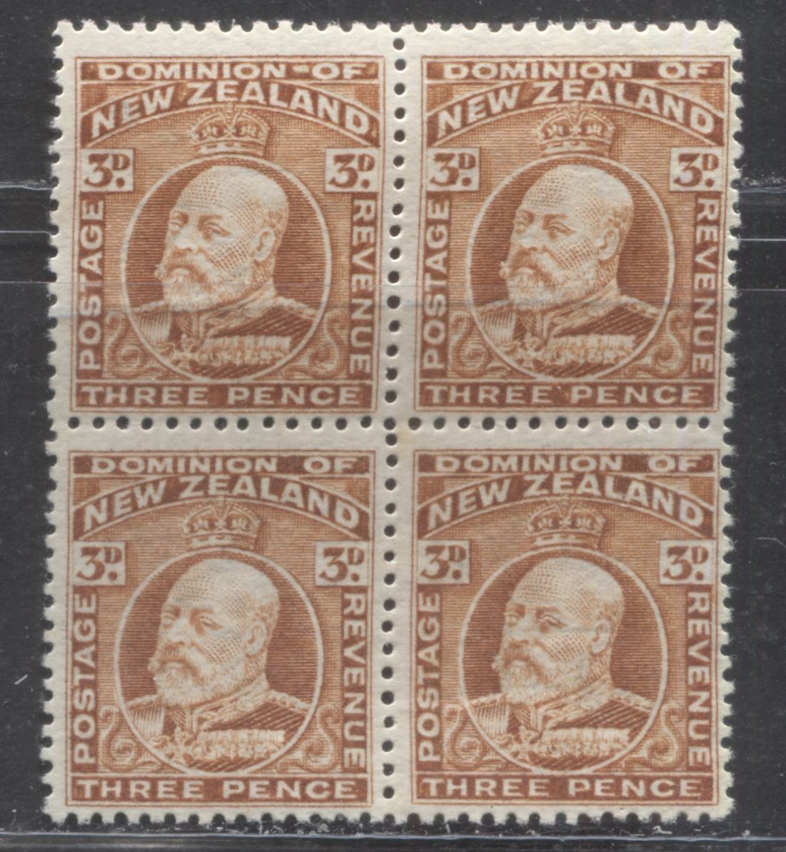 Lot 96 New Zealand SC#133 3d Brown, Perf 14 x 14.5 1909-1916 King Edward VII Definitive Issue, A F/VFNH Block of 4, 2022 Scott Classic Cat. $270 USD, Click on Listing to See ALL Pictures