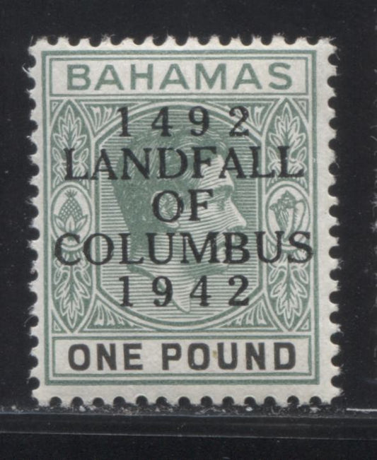 Lot 96 Bahamas SG#175 1942 Landfall Overprints on 1938-1952 Pictorial and Keyplate Definitive Issue, A Fine NH Example of the One Pound on Substitute Paper,  Cat 30 GBP = $51