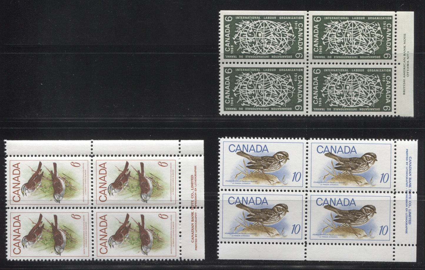 Lot 96 Canada #493, 496-497 6c & 10c Dark Olive Green - Ultramarine & Multicolored Globe & Tools - Ipswich Sparrow, 1969 Commemoratives, 3 VFNH LR Plate 1 Blocks Of 4 On Dull Fluorescent and HB Papers