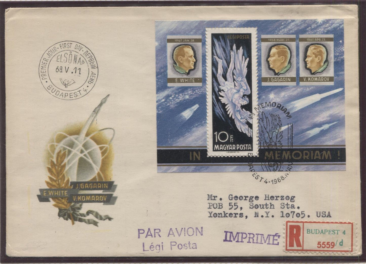 Lot 96 Hungary SC#C275 10ft Multicolored 1968 Astronaut Memorial Issue, Perf, Imperf and FDC, A VFNH Example, Click on Listing to See ALL Pictures