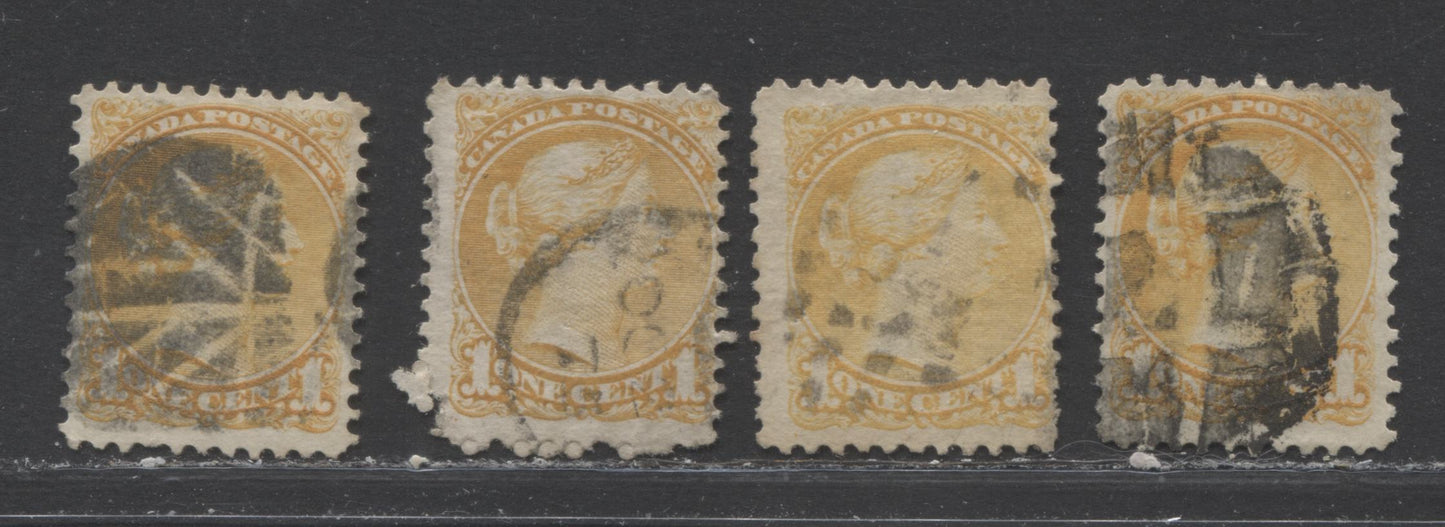 Lot 97 Canada #35vii and 35iii 1c Yellow and Lemon Yellow Queen Victoria, 1870-1897 Small Queen Issue, Four VG Used Examples Montreal, 11.75 x 12, Stout and Soft Horizontal Wove, With 1875 CDS and Cork Cancels