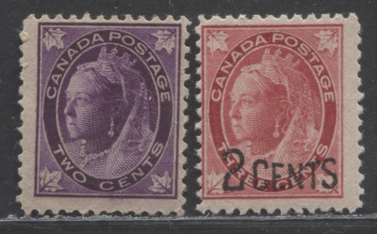 Lot 97 Canada #68, 87 2c & 2c On 3c Purple & Carmine Queen Victoria, 1897-1899 Maple Leaf & Provisional Issues, 2 VGOG/NH Singles