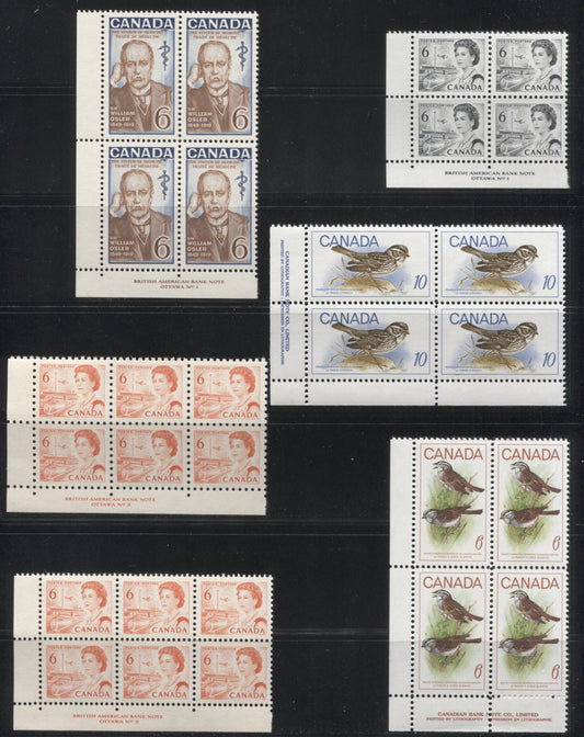 Lot 97 Canada #459-460, 495-497 6c & 10c Orange - Ultramarine & Multicolored Queen Elizabeth II - Ipswich Sparrow, 1967-1972 Commemoratives & Definitives, 6 VFNH LL Plate 1-3 Blocks Of 4 & 6 On Dull Fluorescent and HB Papers
