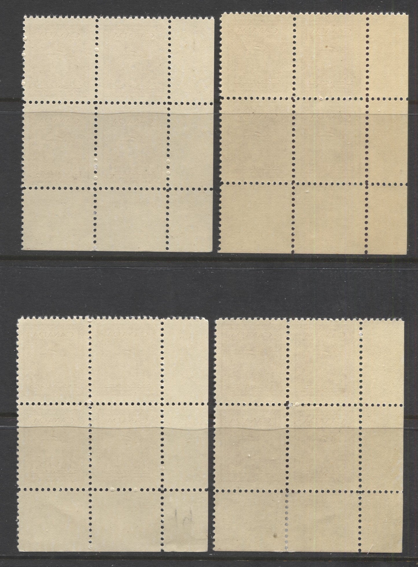 Lot 97 Canada #254 4c Dark Carmine King George VI, 1942-1943 War Issue, 4 Mostly VFNH and LH  LL Plates 32, 48, 47 Blocks Of 4, Different Shades