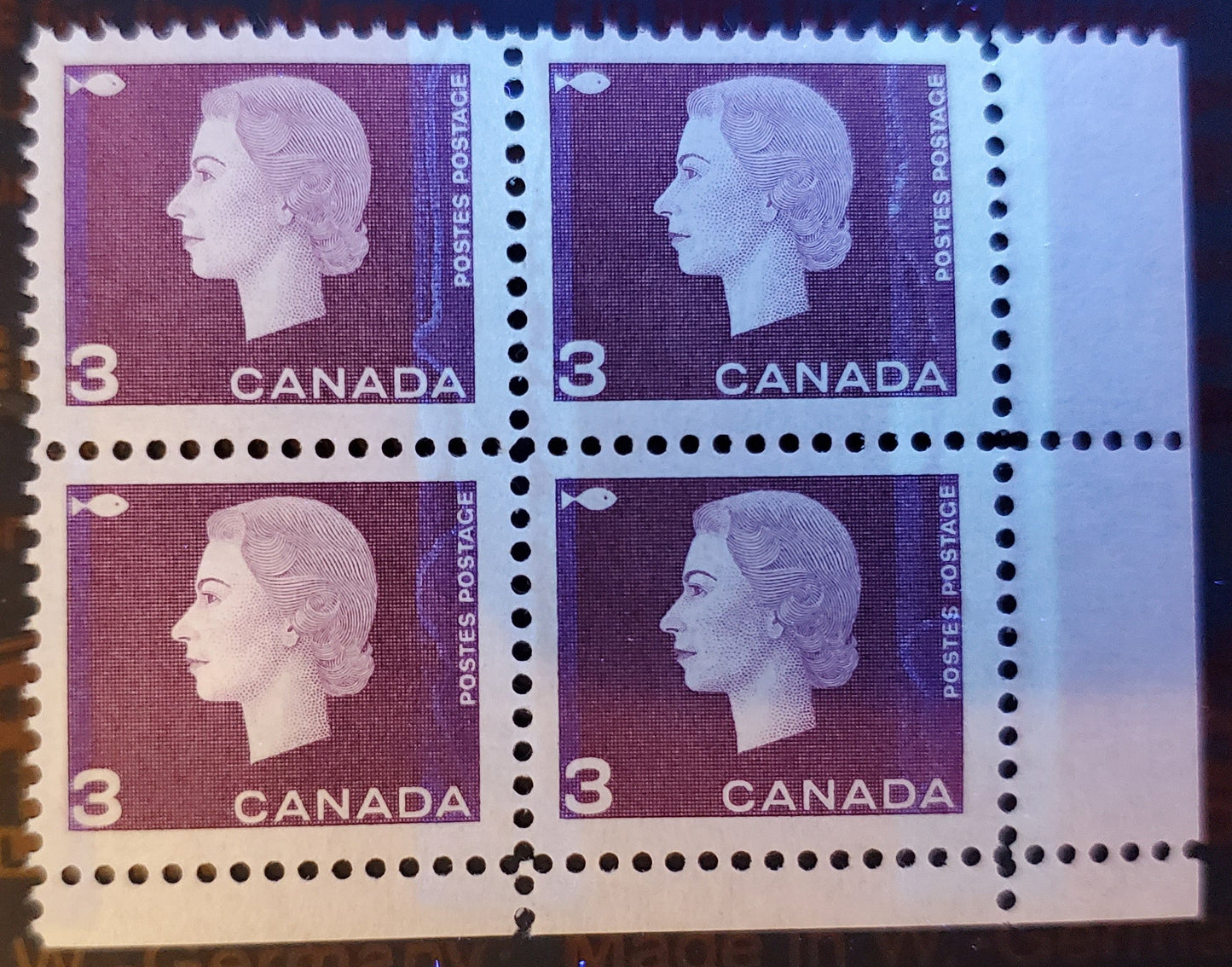 Lot 97 Canada #403iv 3c Light Plum Fishing Industry, 1962-1963 Cameo Issue, A VFNH LR Winnipeg Tagged Field Stock Block Of 4 On Fluorescent Paper With Smooth Dex, Light Bluish Tagging Under Shortwave UV.