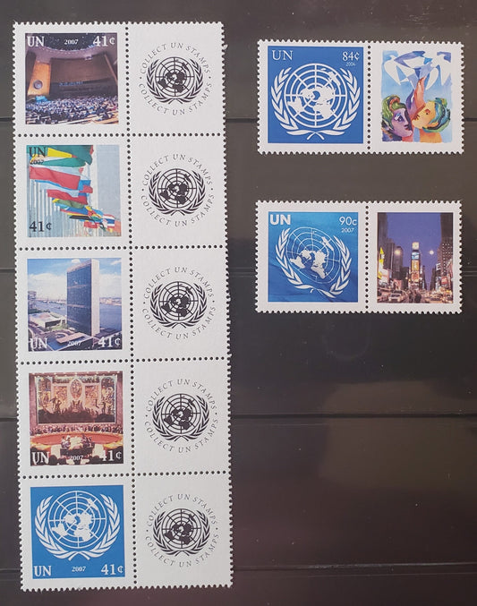 Lot 97 United Nations SC#931/939 2007 UN Symbols, On HF/HF Paper, 3 VFNH Pairs & Strip Of 5 With Labels, Click on Listing to See ALL Pictures, 2017 Scott Cat.  $29.5 USD