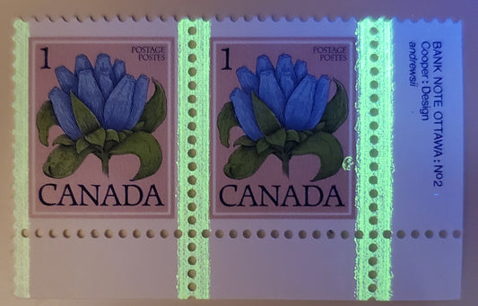Lot 97 Canada #781 1c Bottle Gentian, 1977-1982 Floral issue, A VFNH Plate 2 Pair Showing Tagging Flaw on Right Stamp Similar to Hook Tag Flaw
