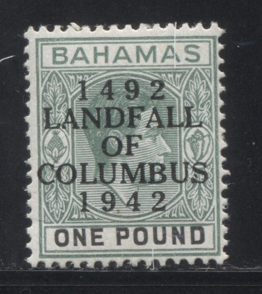 Lot 98 Bahamas SG#175 1942 Landfall Overprints on 1938-1952 Pictorial and Keyplate Definitive Issue, A VFNH Example of the One Pound on Substitute Paper,  Cat 30 GBP = $51